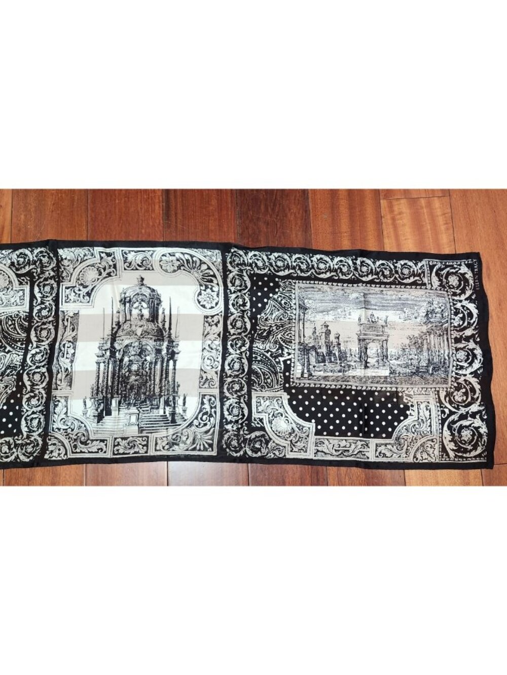 Ellen Tracy 100% Silk Scarf Black White Paris Architecture 58x15 in - Picture 4 of 9
